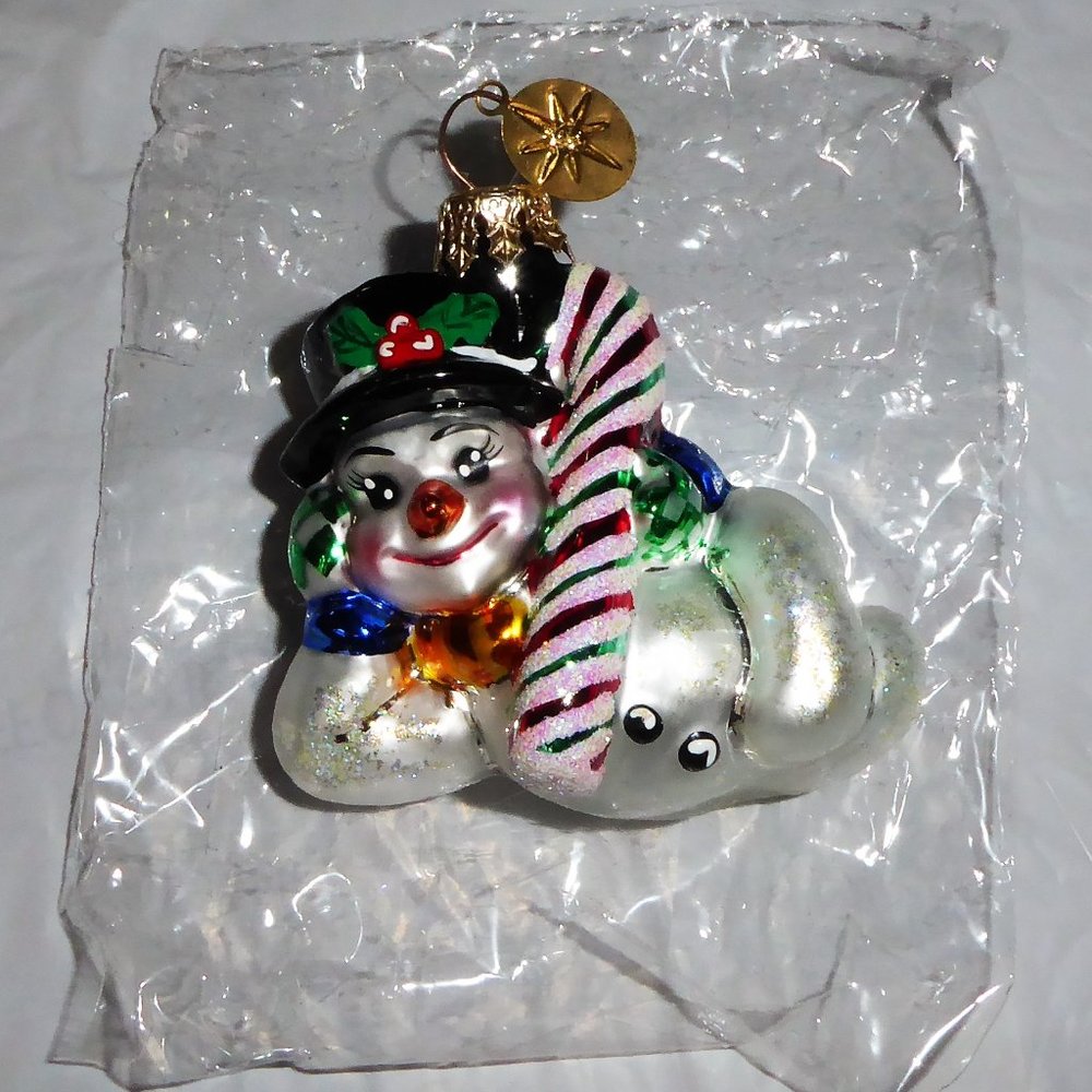 Christopher Radko Little Gems Chillen Snowman Candy Cane Ornament with Box